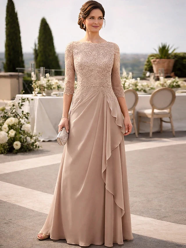 Elegant A-Line Boat Neck Three-Quarter Sleeve Lace Nude Floor-Length Prom Gown