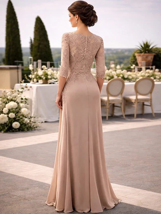 Elegant A-Line Boat Neck Three-Quarter Sleeve Lace Nude Floor-Length Prom Gown