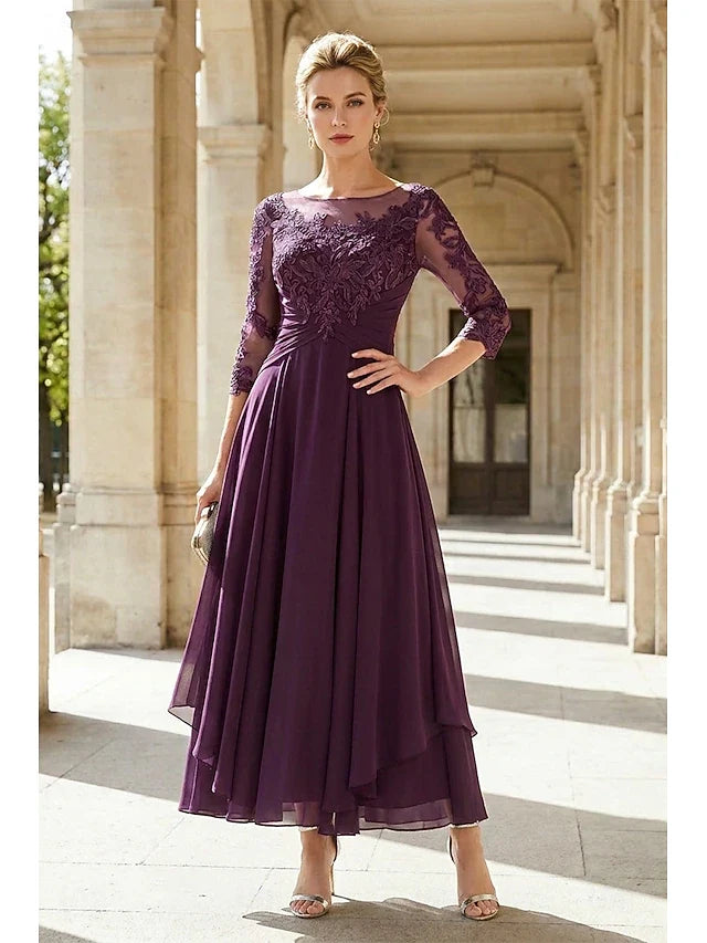 Elegant A-Line Boat Neck Three-Quarter Sleeve Lace Purple Midi Prom Gown