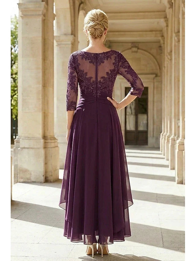 Elegant A-Line Boat Neck Three-Quarter Sleeve Lace Purple Midi Prom Gown