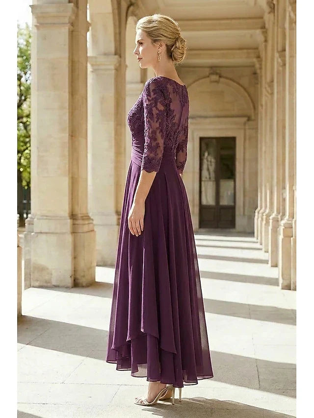 Elegant A-Line Boat Neck Three-Quarter Sleeve Lace Purple Midi Prom Gown