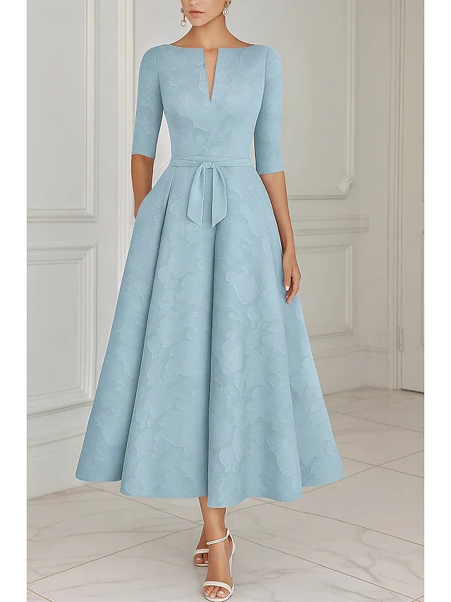 Elegant A-Line Boat Neck Three-Quarter Sleeve Textured Pattern Self-Tie Waist Sky Blue Midi Prom Dresses Women's Gown