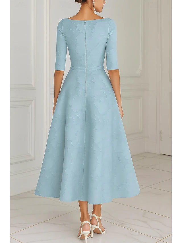 Elegant A-Line Boat Neck Three-Quarter Sleeve Textured Pattern Self-Tie Waist Sky Blue Midi Prom Dresses Women's Gown