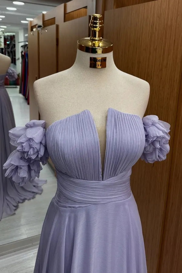 Elegant A-Line Chiffon Off-Shoulder Sleeveless pleated Floral-Embellished Lace Up  Floor-Length Prom Dress