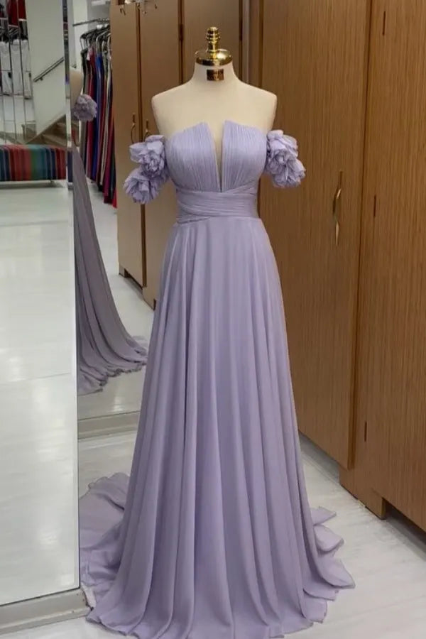 Elegant A-Line Chiffon Off-Shoulder Sleeveless pleated Floral-Embellished Lace Up  Floor-Length Prom Dress
