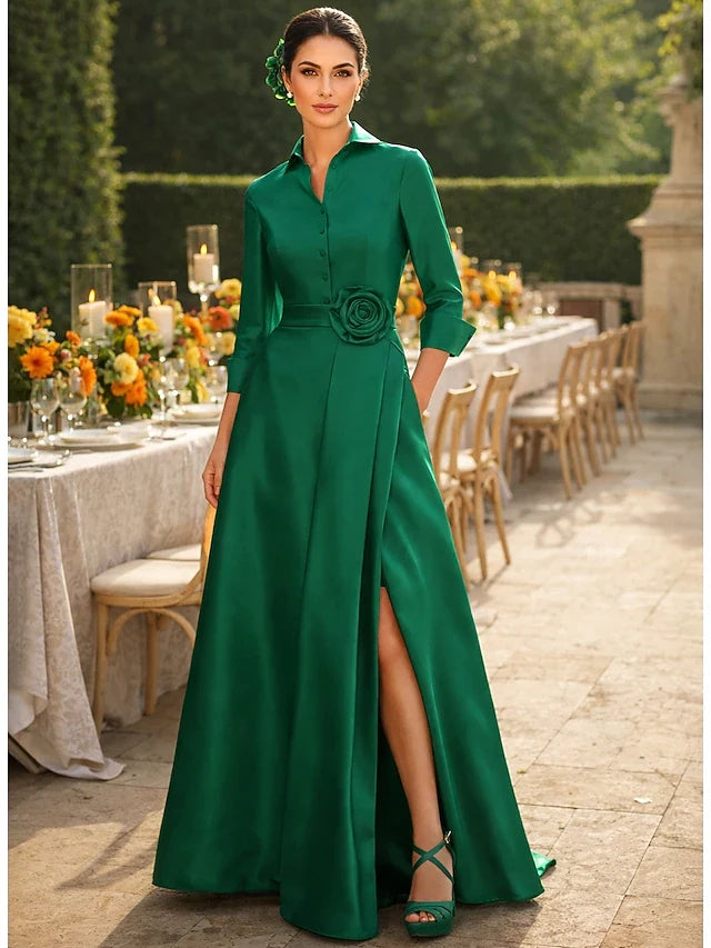Elegant A-Line Collared V-Neck Three-Quarter Sleeve Emerald Green Floor-Length Prom Dresses Gown