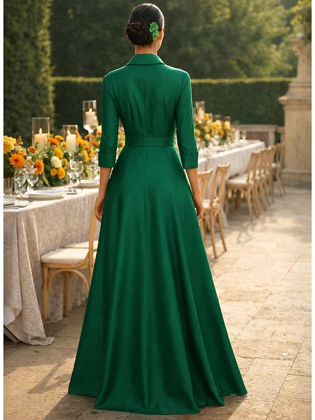 Elegant A-Line Collared V-Neck Three-Quarter Sleeve Emerald Green Floor-Length Prom Dresses Gown