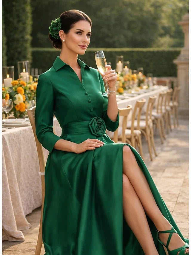 Elegant A-Line Collared V-Neck Three-Quarter Sleeve Emerald Green Floor-Length Prom Dresses Gown