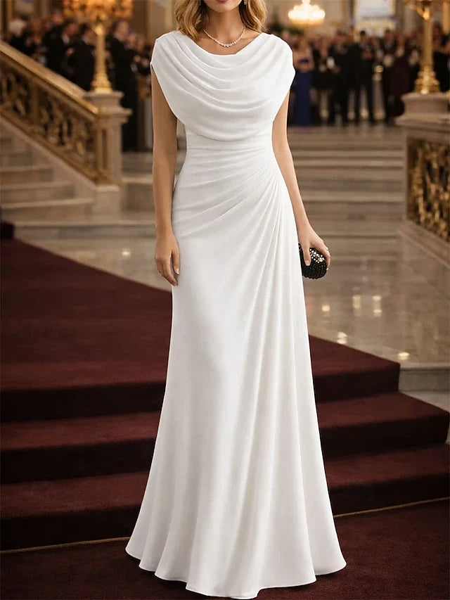 Elegant A-Line Cowl Neck Cap Sleeve Draped White Floor-Length Prom Gown