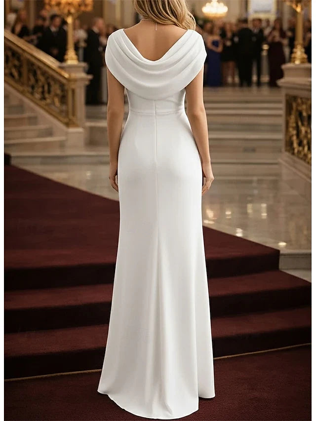 Elegant A-Line Cowl Neck Cap Sleeve Draped White Floor-Length Prom Gown