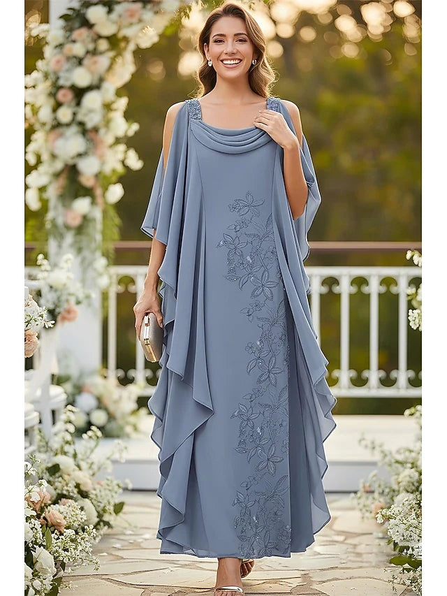 Elegant A-Line Cowl Neck Cold Shoulder Embellished Dusty Blue Prom Gown