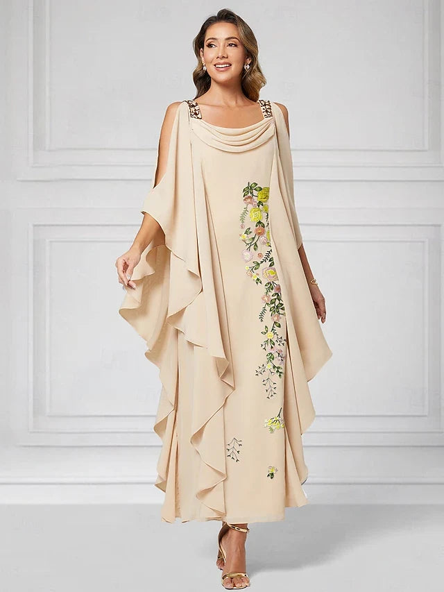 Elegant A-Line Cowl Neck Cold Shoulder Floral Champagne Midi Prom Dress for Women