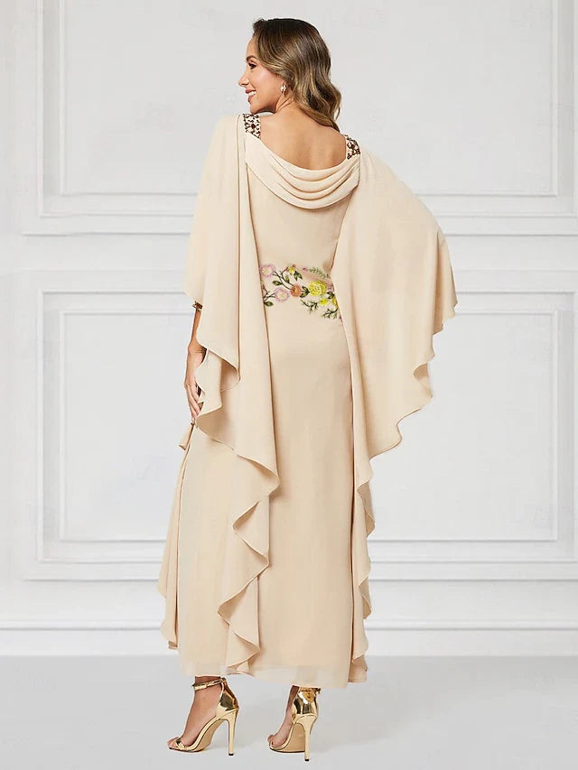 Elegant A-Line Cowl Neck Cold Shoulder Floral Champagne Midi Prom Dress for Women