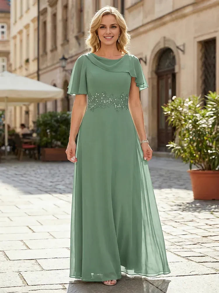 Elegant A-Line Cowl Neck Flutter Sleeve Beaded Sage Green Floor-Length Prom Gown