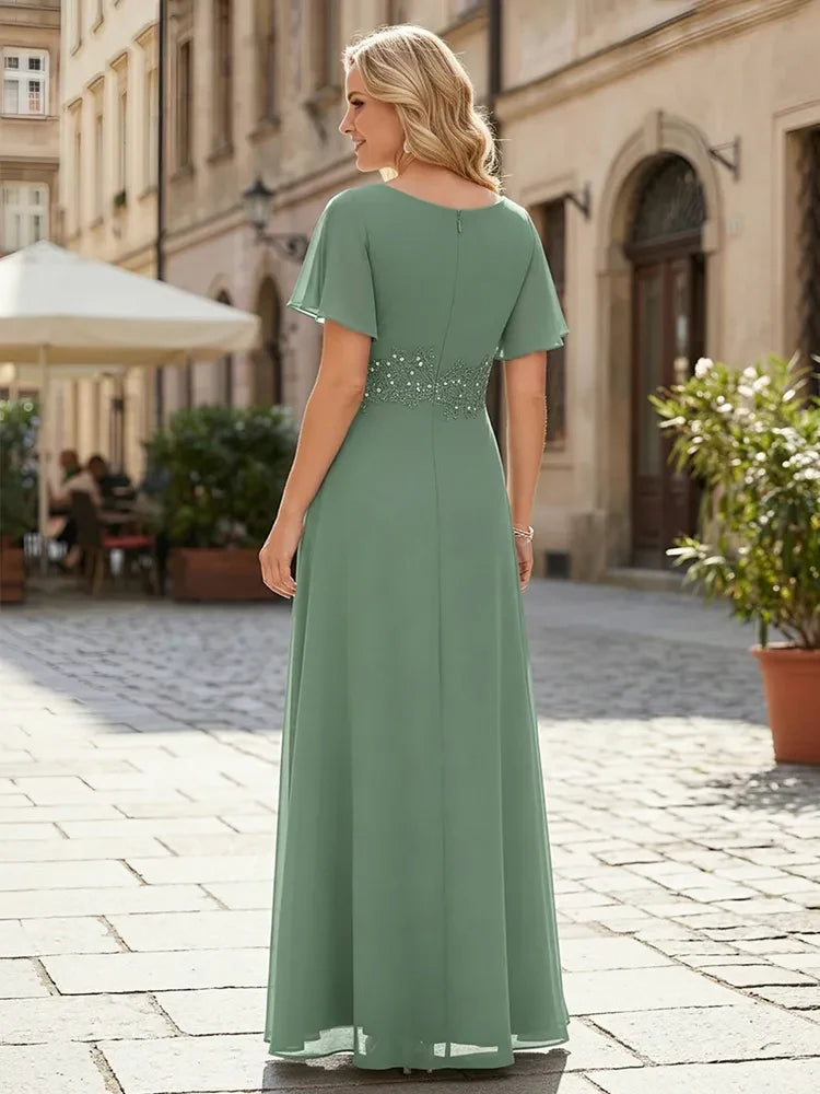 Elegant A-Line Cowl Neck Flutter Sleeve Beaded Sage Green Floor-Length Prom Gown