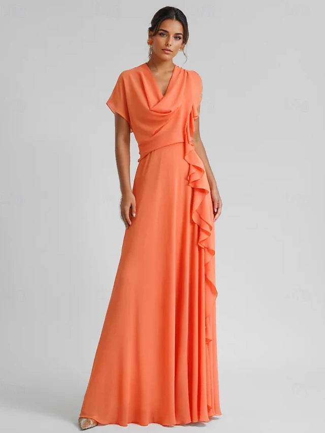 Elegant A-Line Cowl Neck Short Sleeve Draped Coral Orange Floor-Length Prom Dresses Gown
