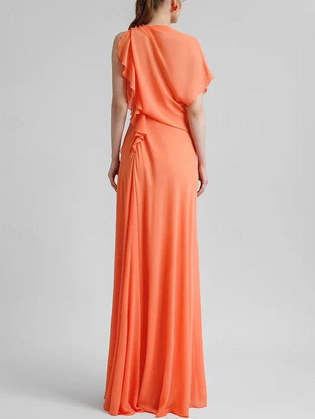 Elegant A-Line Cowl Neck Short Sleeve Draped Coral Orange Floor-Length Prom Dresses Gown