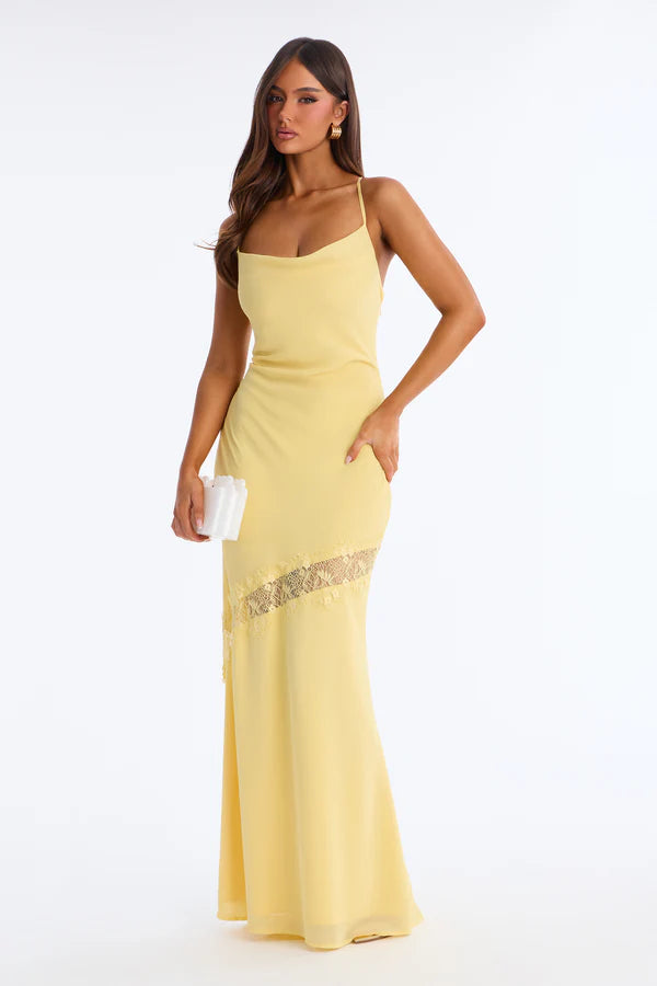 Elegant A-Line Cowl Neck Sleeveless Backless Yellow Floor-Length Prom Gown