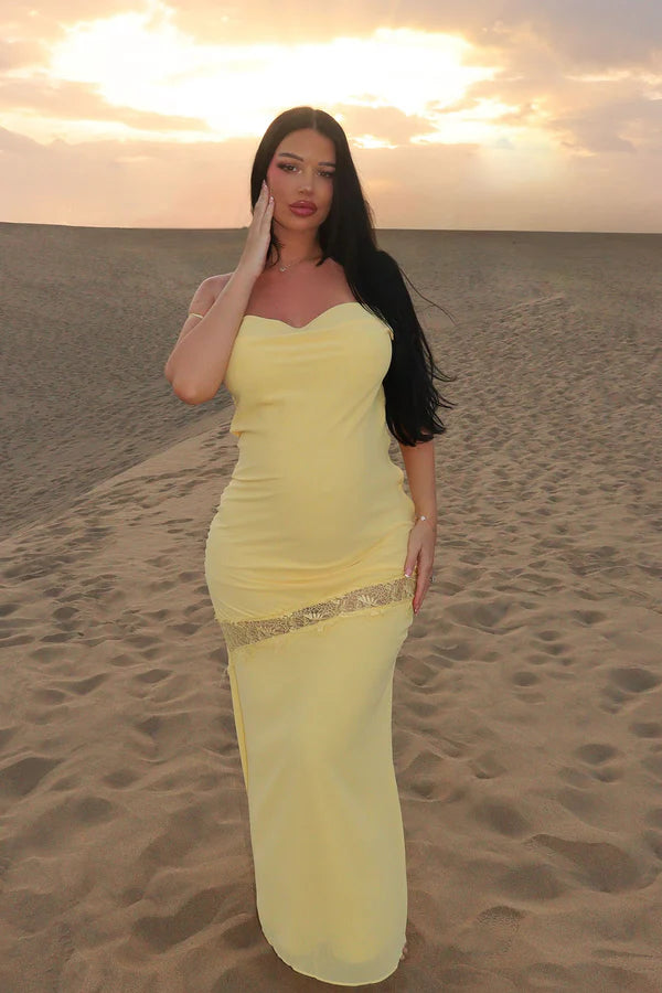Elegant A-Line Cowl Neck Sleeveless Backless Yellow Floor-Length Prom Gown