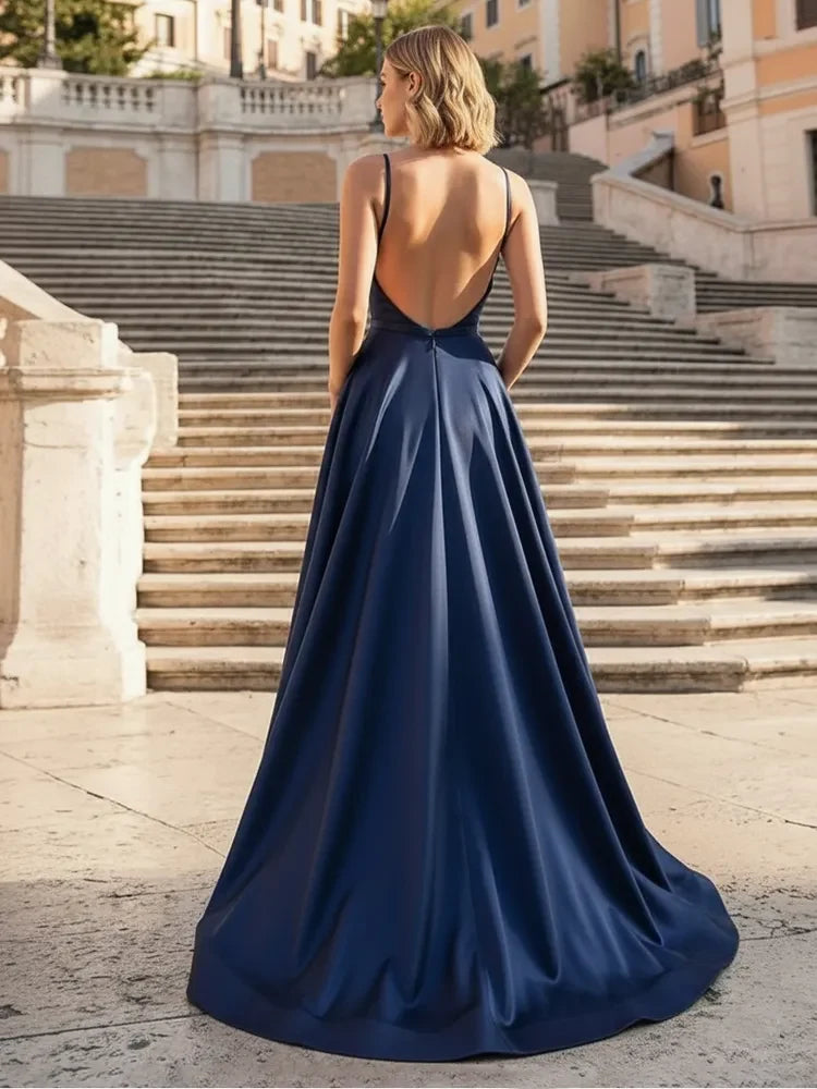 Elegant A-Line Cowl Neck Sleeveless High Slit Navy Blue Floor-Length Prom Dresses
