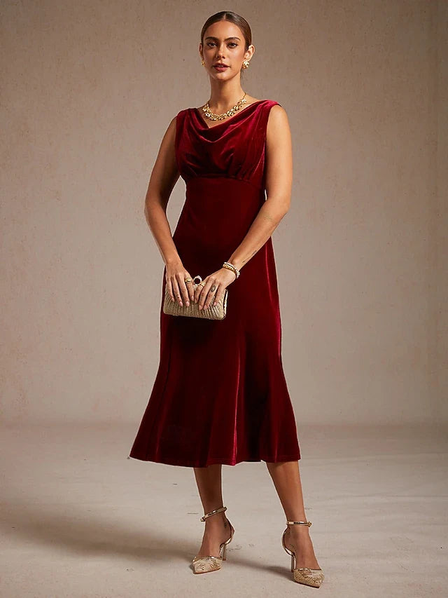 Elegant A-Line Cowl Neck Sleeveless Ruched Burgundy Midi Prom Dress Women's