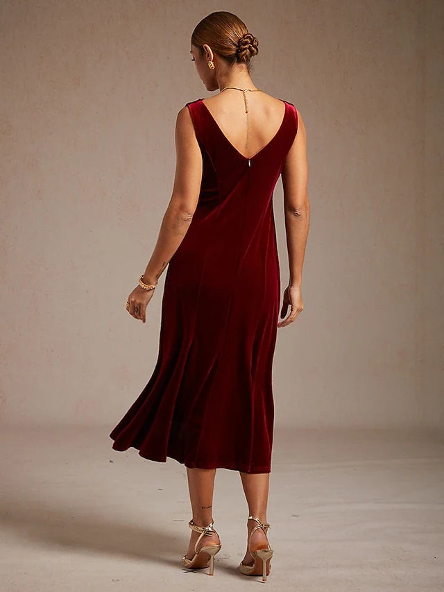Elegant A-Line Cowl Neck Sleeveless Ruched Burgundy Midi Prom Dress Women's