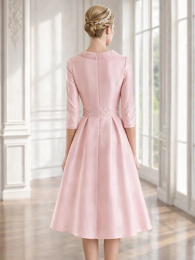 Elegant A-Line Crew Neck Three-Quarter Sleeve Pearl Embellished Blush Midi Prom Dress