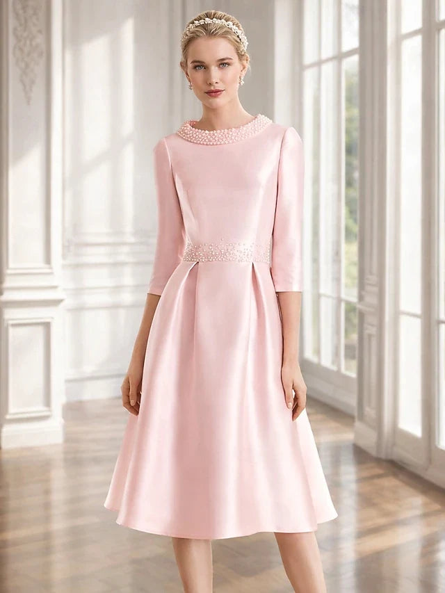 Elegant A-Line Crew Neck Three-Quarter Sleeve Pearl Embellished Blush Midi Prom Dress