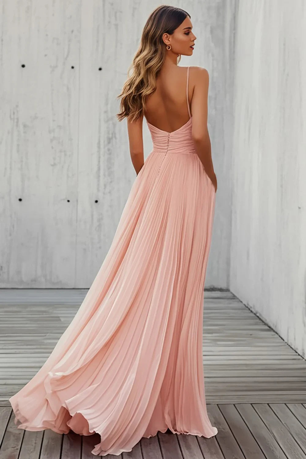 Elegant A-Line Deep V-Neck Sleeveless Ruched Pleated Blush Floor-Length Prom Gown