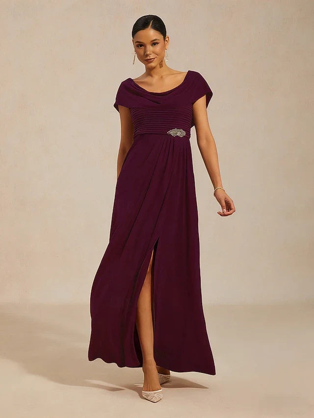 Elegant A-Line Draped Neck Cap Sleeve Ruched Embellished Plum Prom Gown