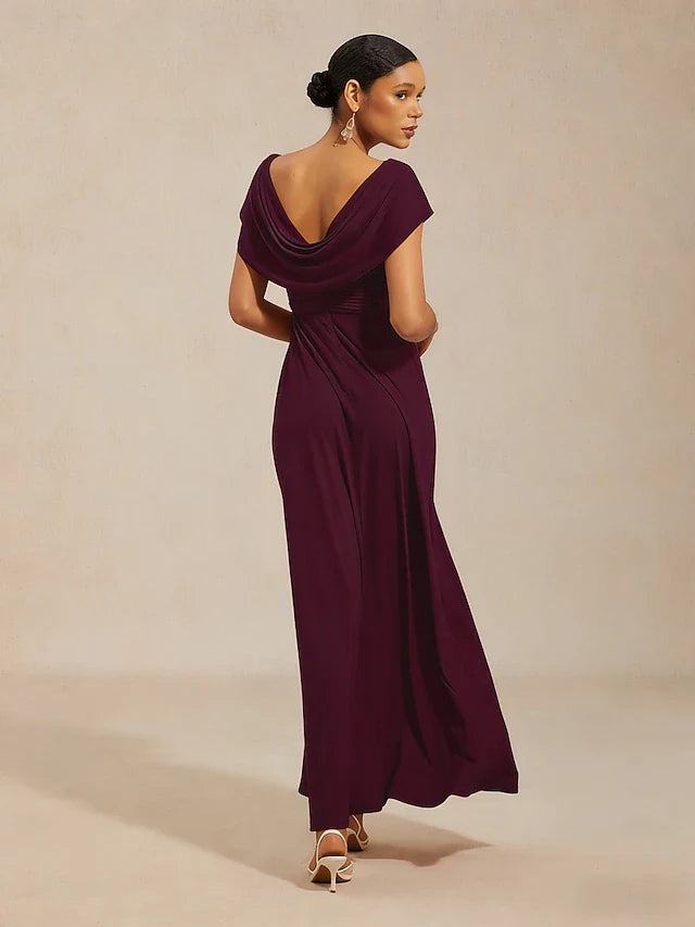 Elegant A-Line Draped Neck Cap Sleeve Ruched Embellished Plum Prom Gown