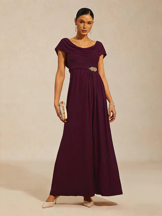 Elegant A-Line Draped Neck Cap Sleeve Ruched Embellished Plum Prom Gown