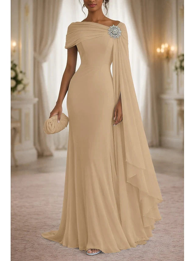 Elegant A-Line Draped One-Shoulder Champagne Floor-Length Prom Gown