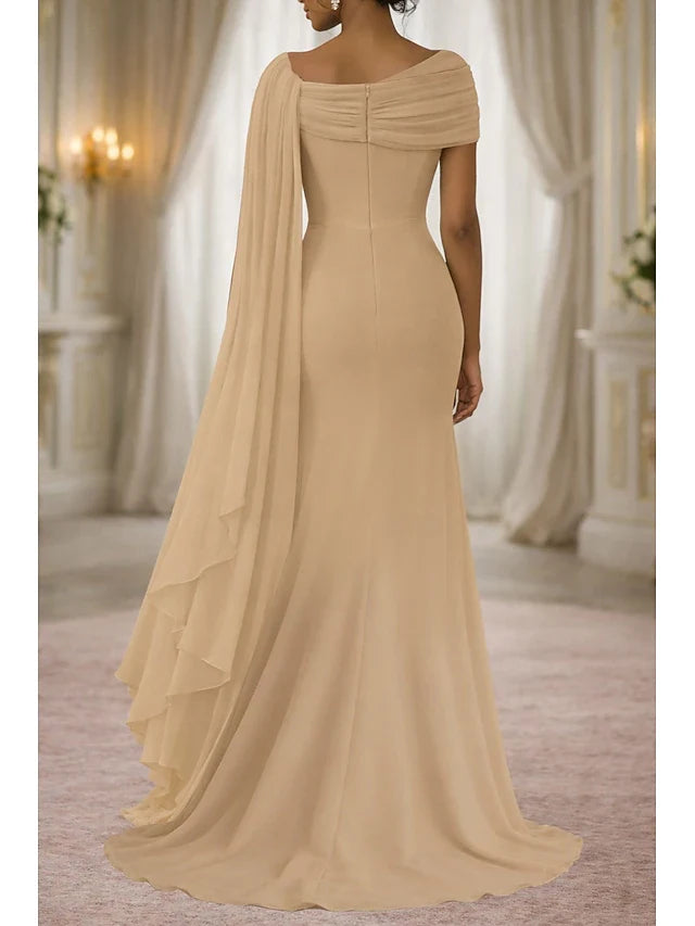 Elegant A-Line Draped One-Shoulder Champagne Floor-Length Prom Gown