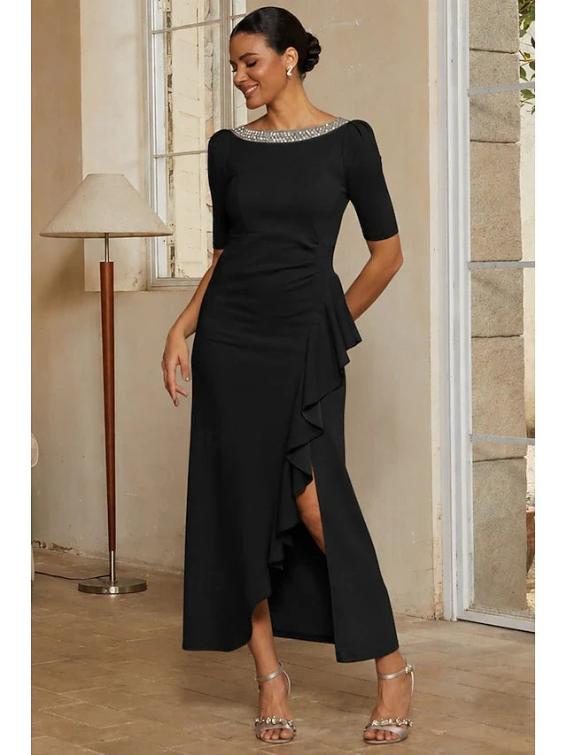 Elegant A-Line Embellished Boat Neck Half-Sleeve Ruffled Black Midi Prom Gown