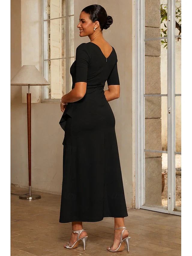 Elegant A-Line Embellished Boat Neck Half-Sleeve Ruffled Black Midi Prom Gown