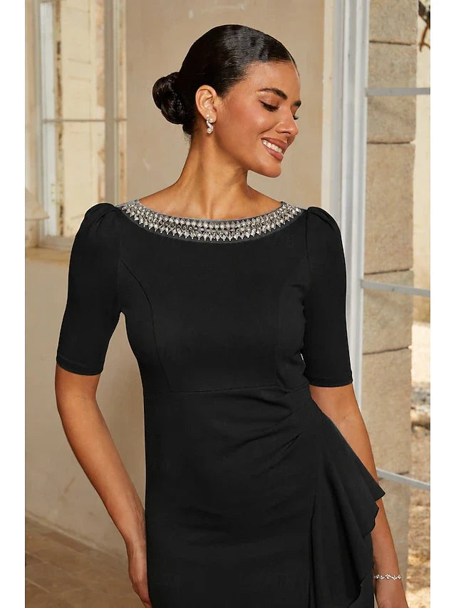 Elegant A-Line Embellished Boat Neck Half-Sleeve Ruffled Black Midi Prom Gown
