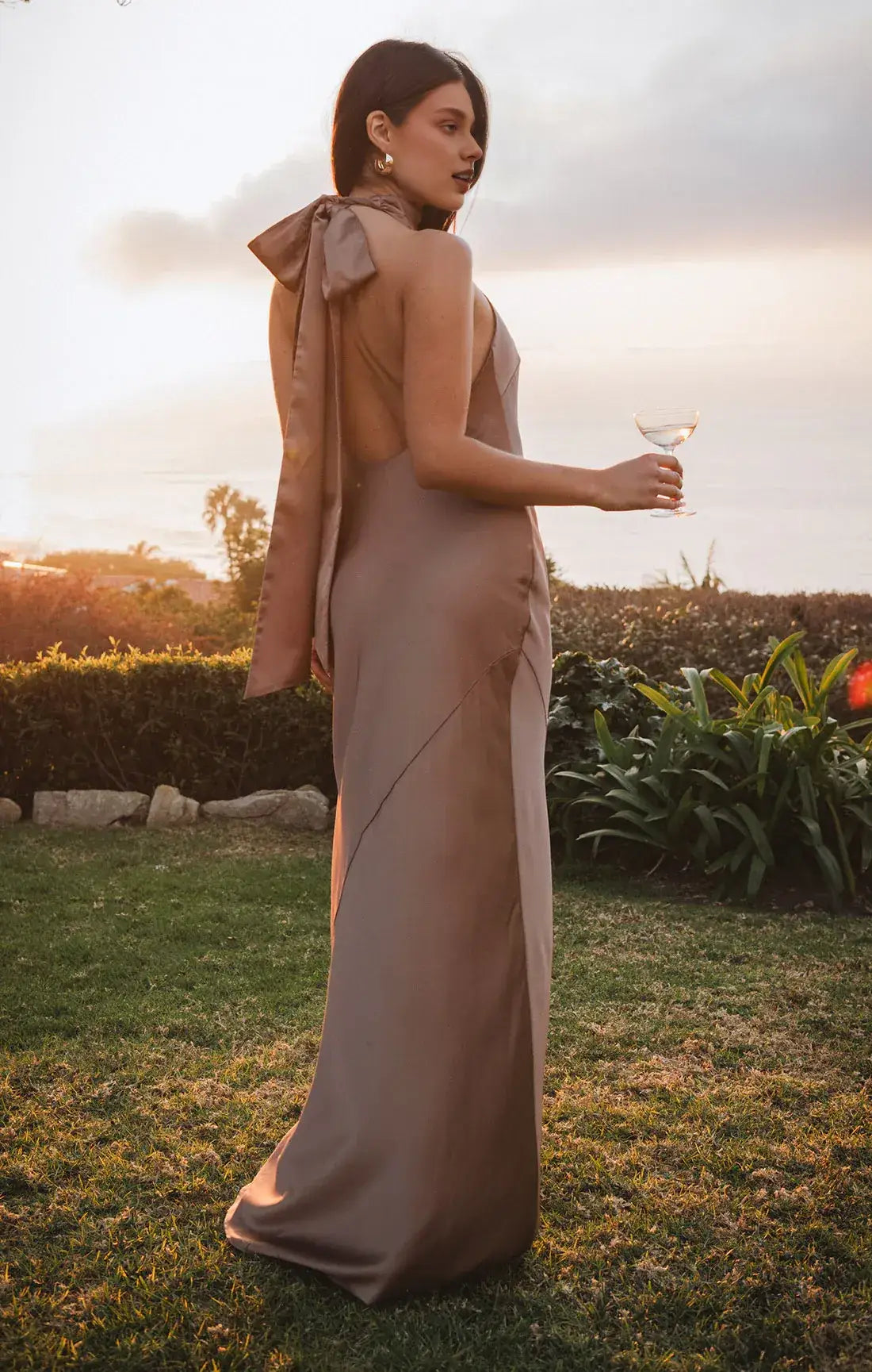 Elegant A-Line Halter Backless Bow Mocha Brown Floor-Length Prom Dresses Gown