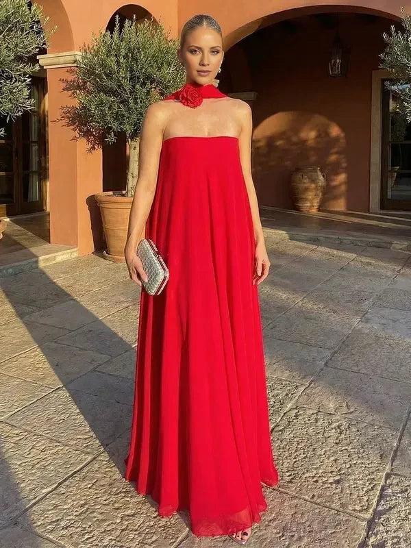 Elegant A-Line Halter Neck Sleeveless Chic Red Floor-Length Prom Gown