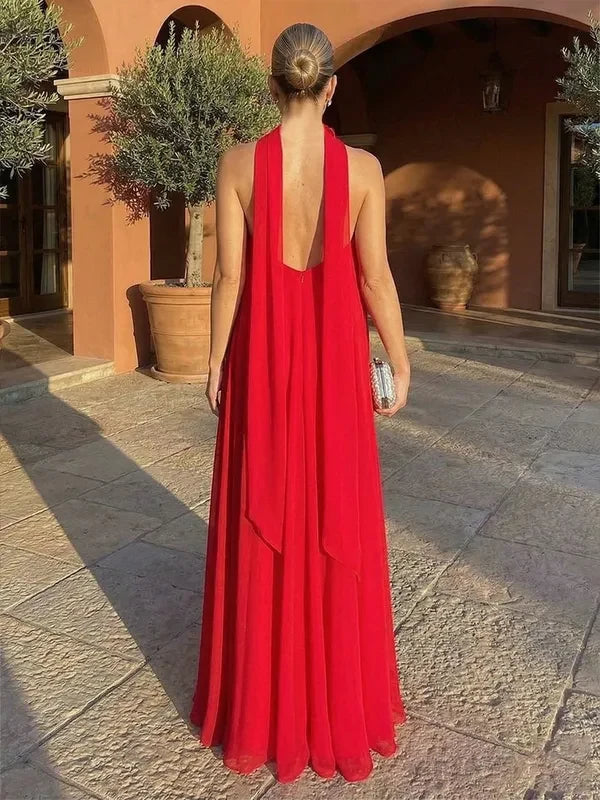 Elegant A-Line Halter Neck Sleeveless Chic Red Floor-Length Prom Gown