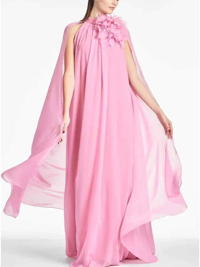 Elegant A-Line Halter Neck Sleeveless Floral Pink Floor-Length Prom Gown