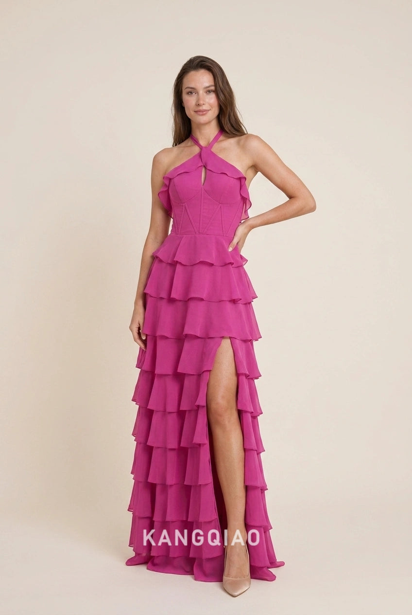 Elegant A-Line Halter Neck Tiered Ruffle High Slit Fuchsia Floor-Length Prom Dresses