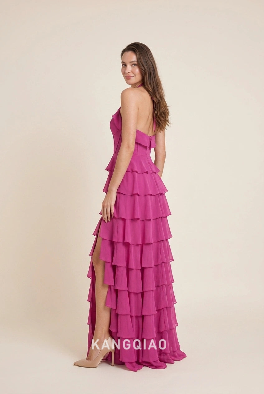 Elegant A-Line Halter Neck Tiered Ruffle High Slit Fuchsia Floor-Length Prom Dresses