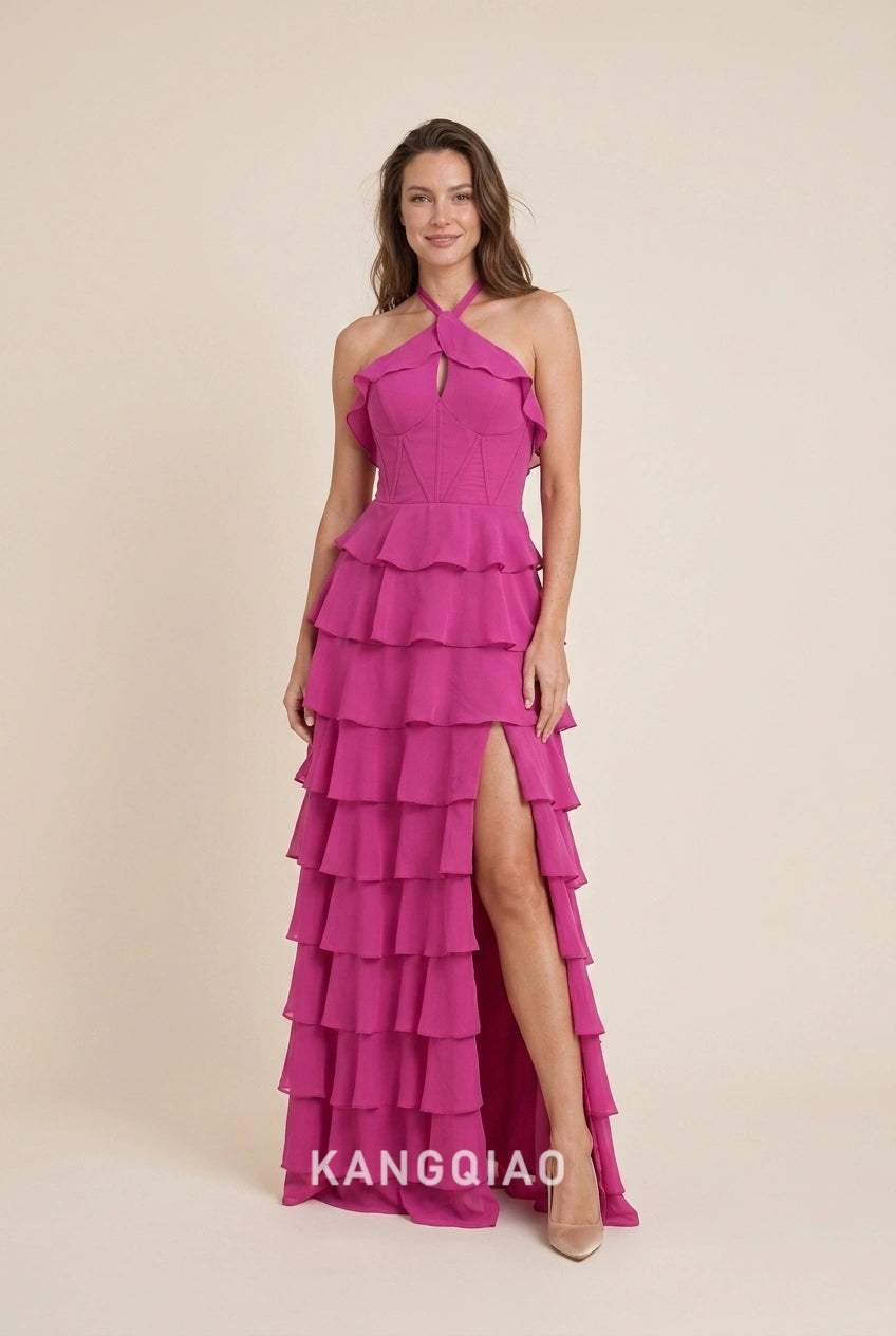 Elegant A-Line Halter Neck Tiered Ruffle High Slit Fuchsia Floor-Length Prom Dresses