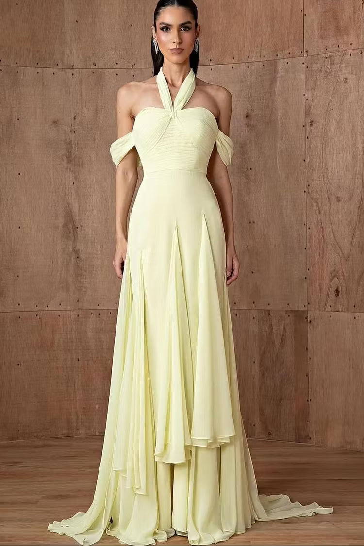 Elegant A-Line Halter Off-Shoulder Ruched Pale Yellow Floor-Length Prom Gown
