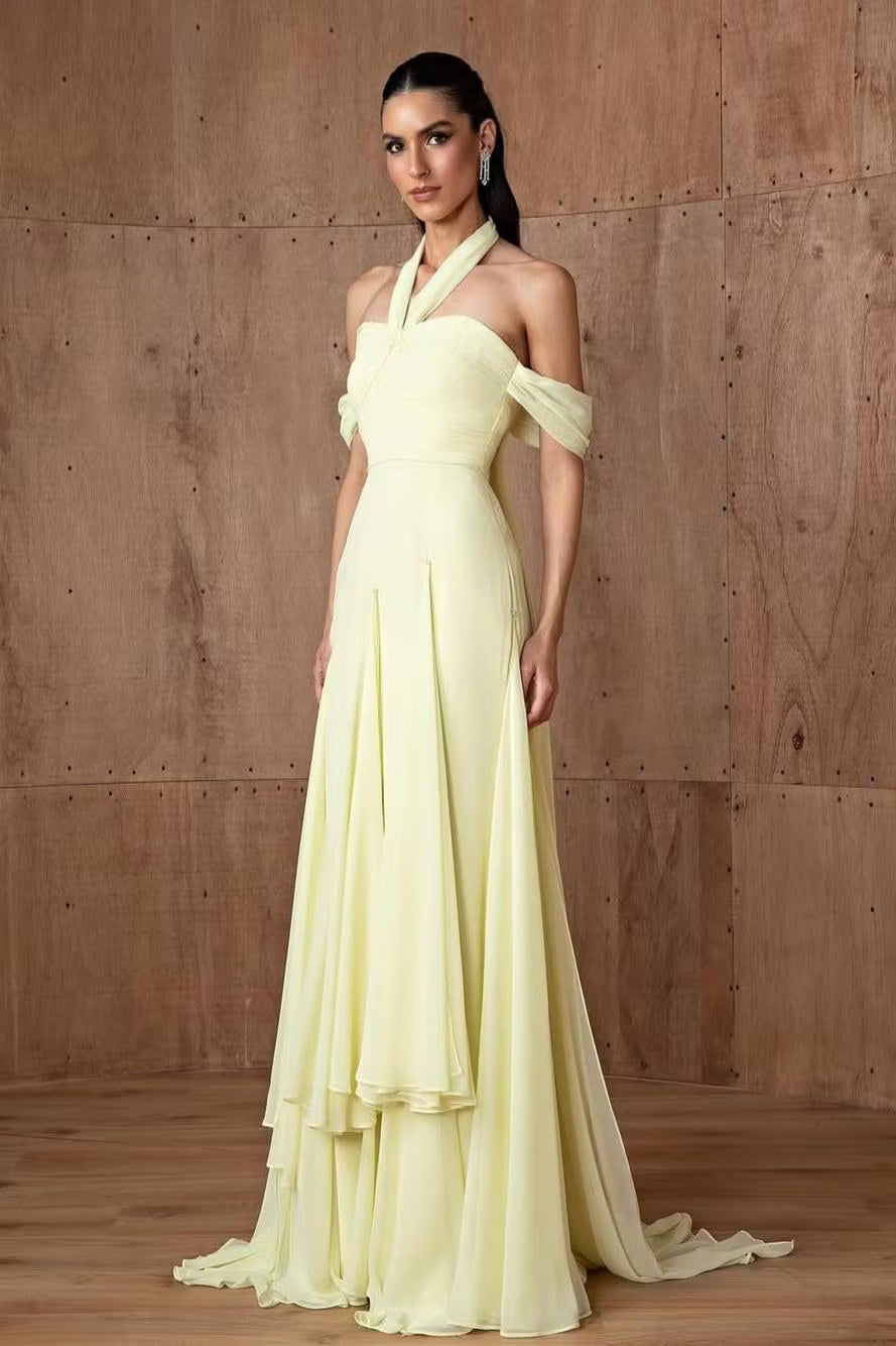 Elegant A-Line Halter Off-Shoulder Ruched Pale Yellow Floor-Length Prom Gown