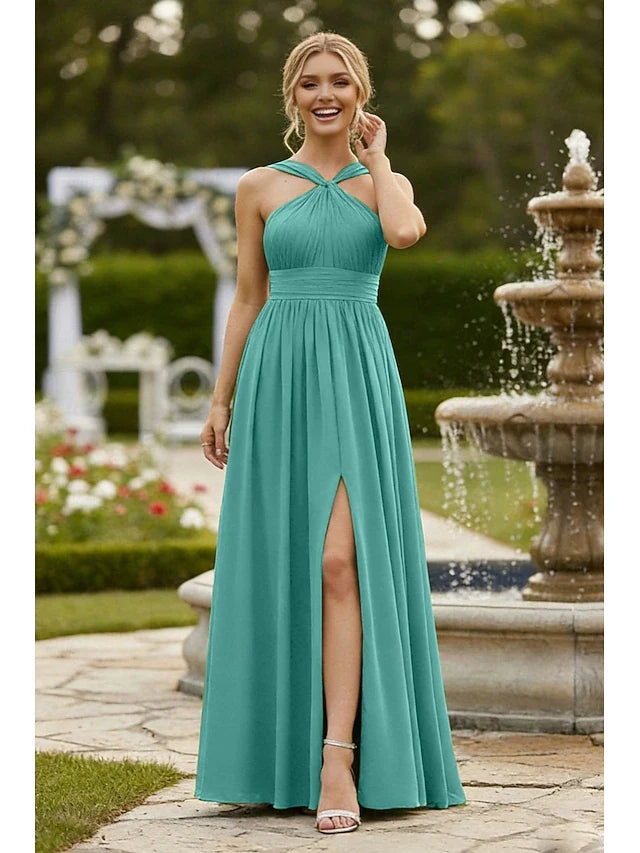 Elegant A-Line Halter Pleated High Slit Teal Floor-Length Prom Gown