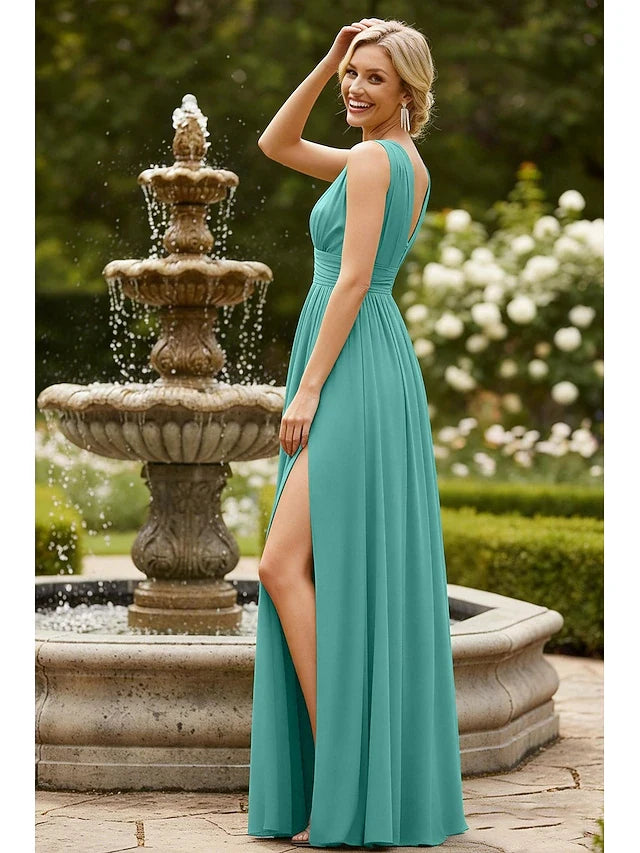 Elegant A-Line Halter Pleated High Slit Teal Floor-Length Prom Gown