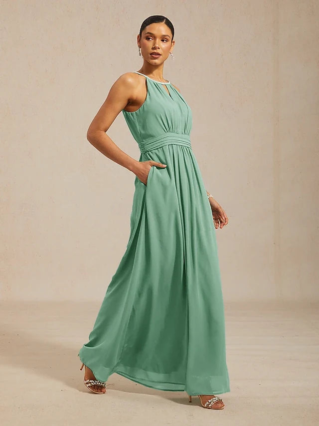 Elegant A-Line Halter Sleeveless Beaded Sage Green Floor-Length Prom Gown