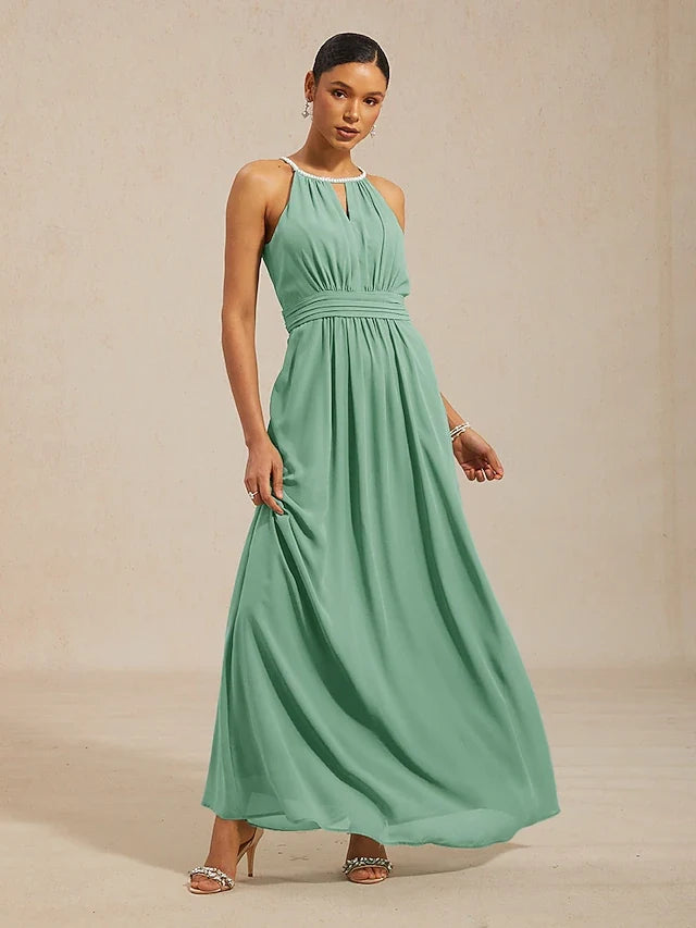 Elegant A-Line Halter Sleeveless Beaded Sage Green Floor-Length Prom Gown
